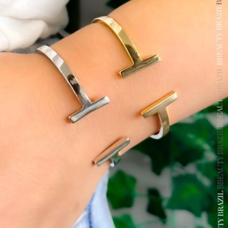 Detalhes do produto Bracelete T, aberto e liso, em ouro.